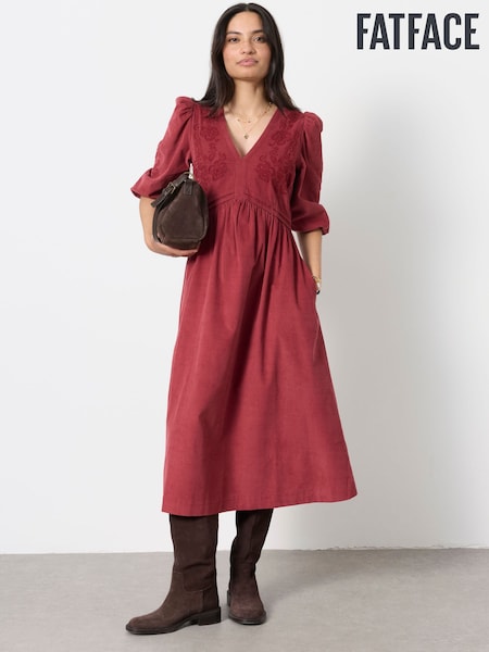 Rust Red - Fatface Embroidered Cord Midi Dress