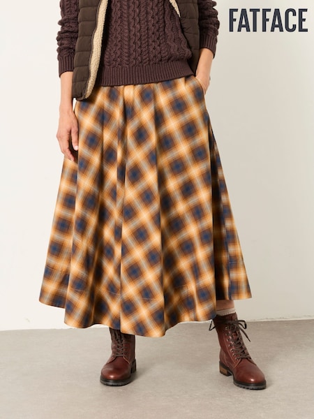 Tan Brown - Fatface Check Midi Skirt