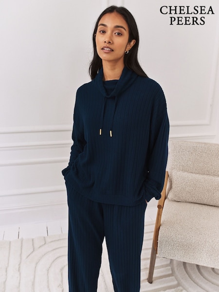 Chelsea Peers Blue Ribbed Knit High Neck Sweatshirt (G70589) | R$ 345