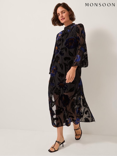 Monsoon Blue Giselle Sheer Floral Devoré Midi Dress (G71040) | €154