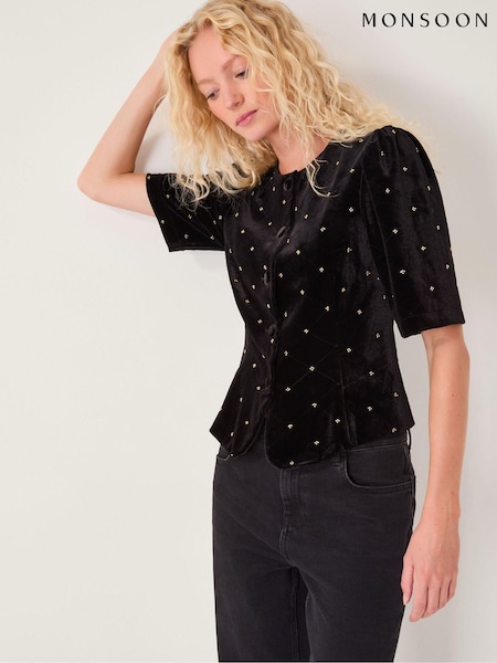 Monsoon Black Emma Embellished Velvet Button Top (G71042) | €87