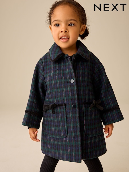 海軍藍方格圖案 - Wool Blend Coat With Bow Details (3mths-8yrs)