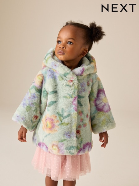 פרחוני ירוק אפרפר - Faux Fur Hooded Coat (12mths-7yrs)