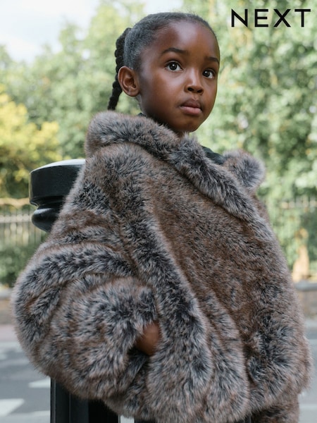 Warm-Braun - Faux Fur Coat With Hood (3-16yrs)