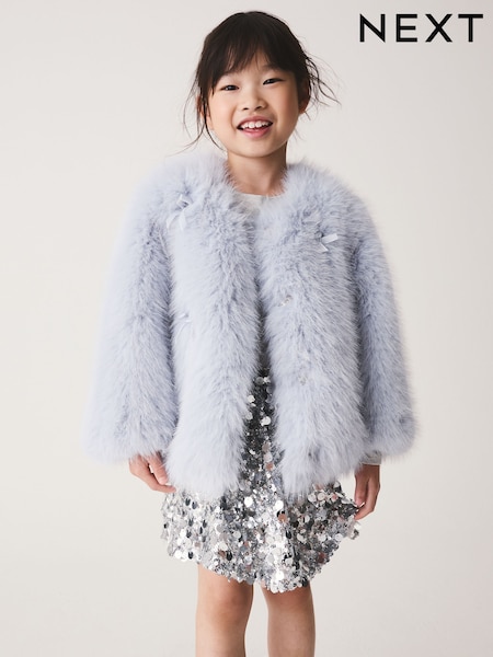 Light Blue - Bow Embellished Faux Fur Coat (3-16yrs)