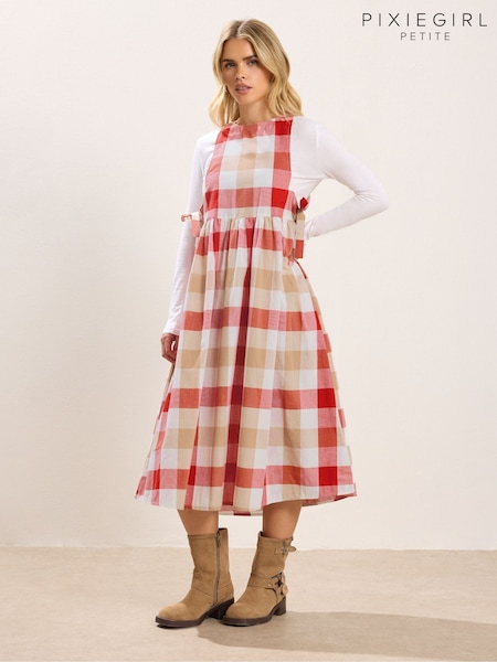 PixieGirl Petite Pink Large Check Side Tie Midi Dress (G71297) | AED227