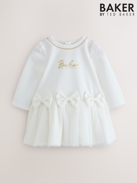 كريم - Baker By Ted Baker Crinkle Mesh Hem Bow Ponte Dress