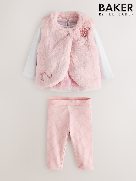 Rosa - Baker By Ted Baker 3 Piece Fur Gilet T-shirt & Printed Leggings Set