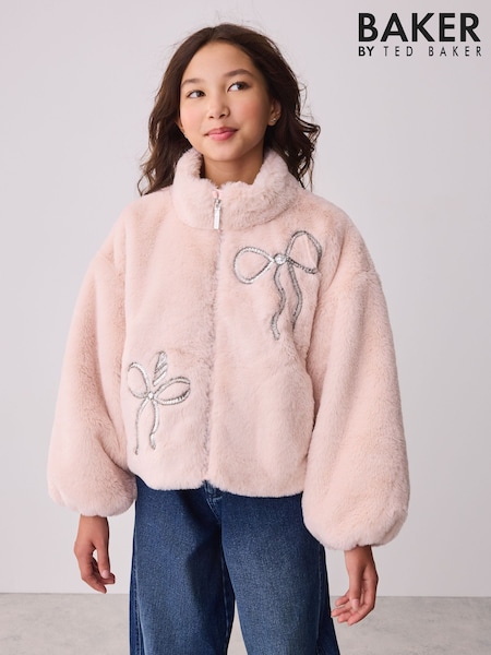 Pink - Baker By Ted Baker Bow Sequin Embellished Faux Fur Coat