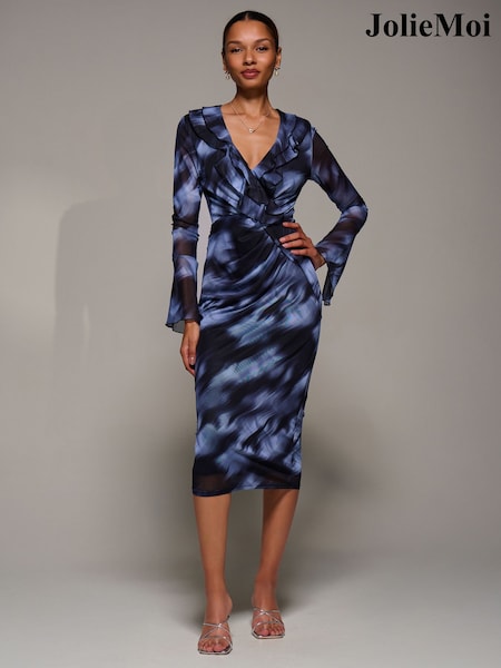 Jolie Moi Blue Ruffle V-Neckline Mesh Bodycon Midaxi Dress (G71865) | 374 QAR