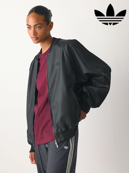 Crno - Adidas Originals Faux Leather Oversize Track Top Jacket