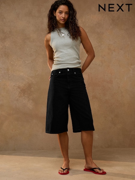 Black - Knee Length Denim Jort Shorts