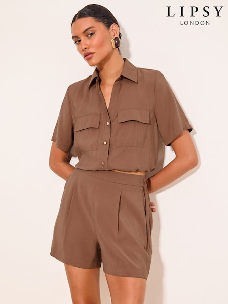 Brown - Lipsy Bubble Hem Utility Shirt
