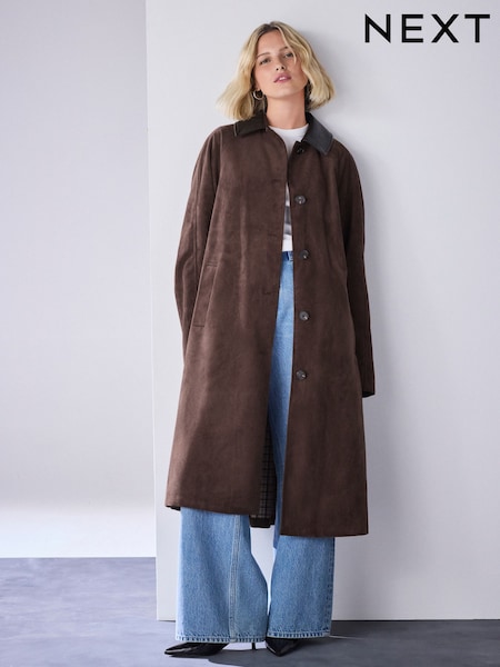 Chocolate Brown - Check Lined Faux Suede Trench Coat