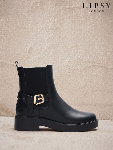 Қара - Lipsy Buckle Detail Flat Chelsea Ankle Boots