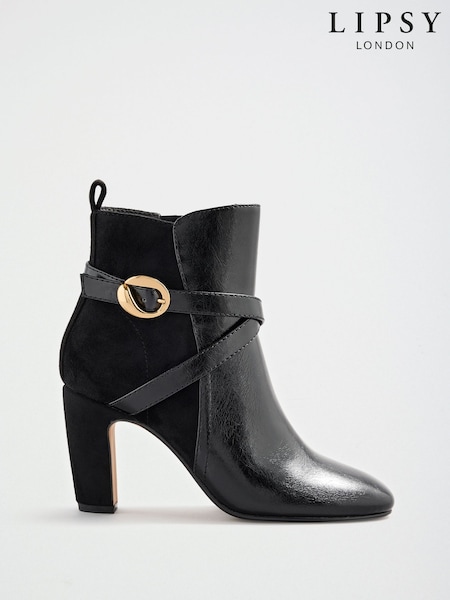 Black - Lipsy Faux Leather Gold Buckle Curved Block Heel Ankle Boots