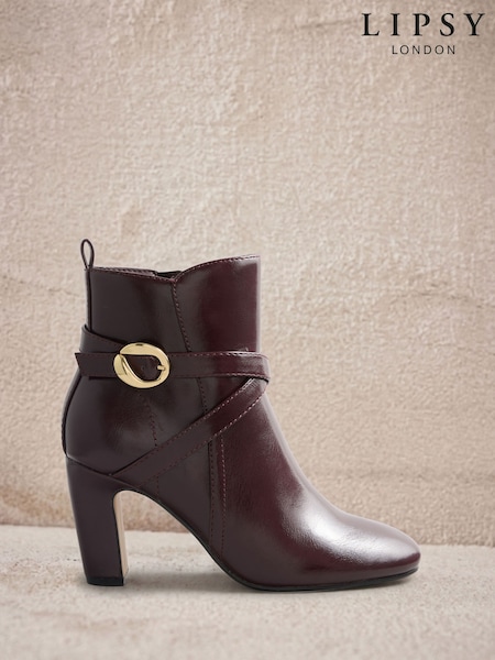 Burgundy - Lipsy Faux Leather Gold Buckle Curved Block Heel Ankle Boots