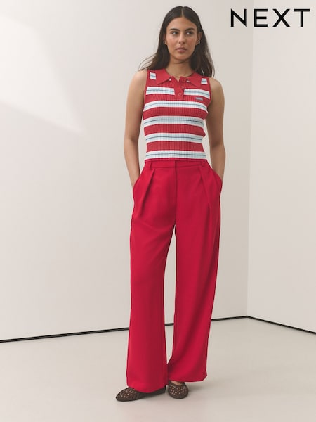 Red - Elastic Back Wide Leg Trousers