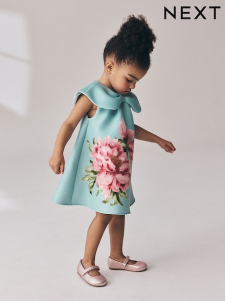 Green - Sleeveless Diamante Scuba Collar Dress (3mths-7yrs)