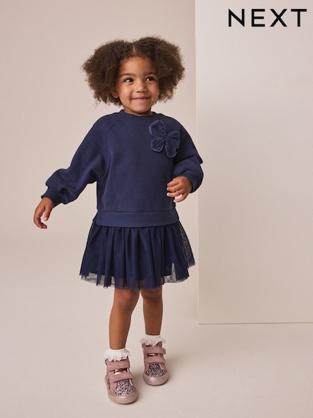 Navy Bow - Long Sleeve Sweat Dress (3mths-7yrs)