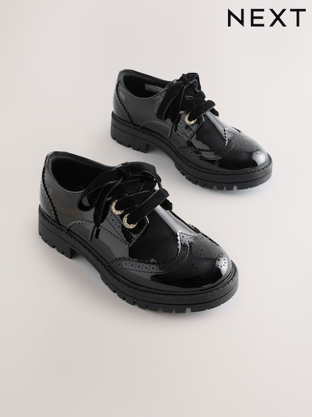 Black - Patent Brogue Chunky Lace Up School Shoes