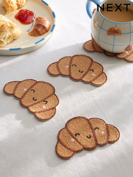 Set Of 4 Claude The Croissant Brunch Club Beaded Coasters