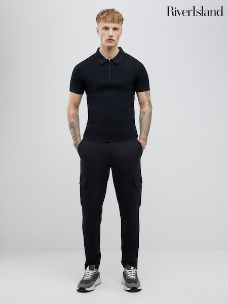 River Island Black Muscle Fit Ribbed Polo Shirt (G74625) | ₪161