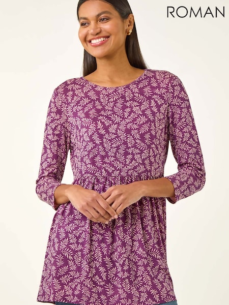 Roman Purple Leaf Print Gathered Tunic Top (G74745) | 247 QAR