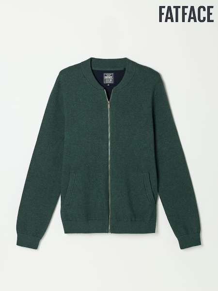Dark Green - Regular Fatface Knitted Zip Front Bomber Jacket