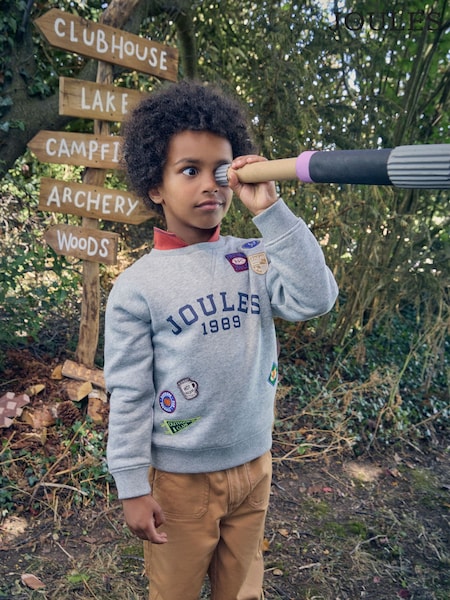 Grey Marl - Joules Boys' Jasper Crew Badge Sweatshirt