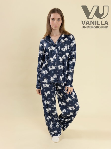 Vanilla Underground Blue Peanuts Snoopy Button Up Long Sleeve Leg Pyjamas Set (G75184) | AED247