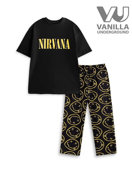 Vanilla Underground Black Nirvana Logo Cotton Short Sleeve Long Leg Pyjamas Set (G75190) | AED218