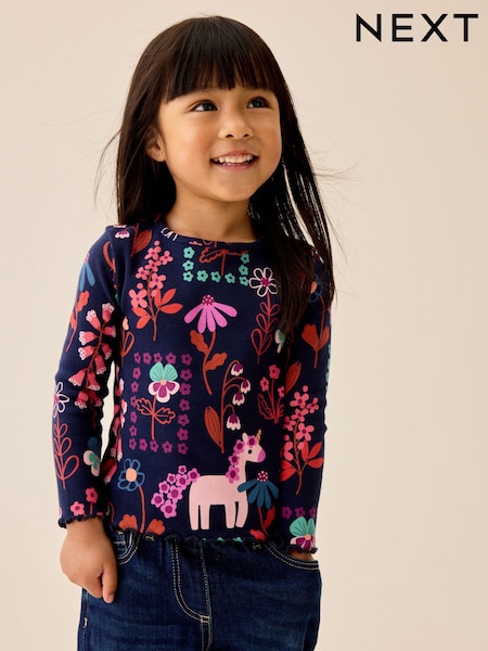 Navy Unicorn - Rib Long Sleeve T-shirt (3mths-7yrs)