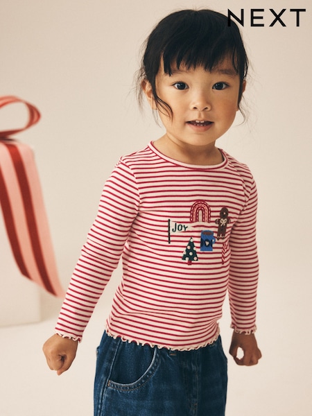Red Stripe Christmas Embroidery - Ribbed Long Sleeve Top (3mths-7yrs)
