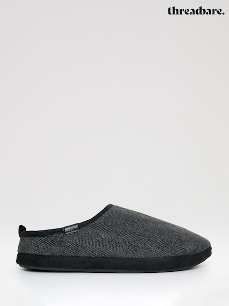 Threadbare Black Herringbone Faux Fur Lined Mule Slippers (G75324) | €27