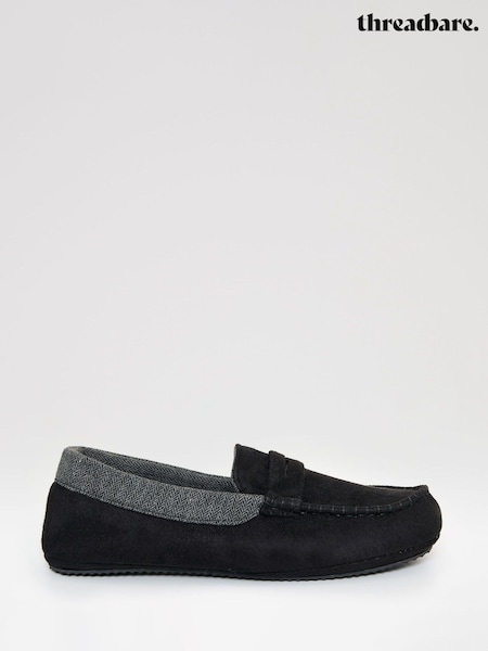 Threadbare Black Faux Suede Fabric Trim Moccasin Slippers (G75329) | €38