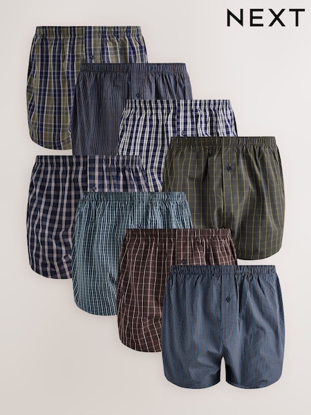 Navy/Green Check - 8 Pack Woven Pure Cotton Rich Boxers