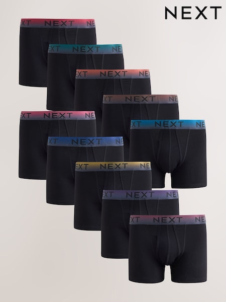 أسود بحزام خصر بلون متدرِّج غني - 10 Pack Sports Longer Leg Length Cotton Rich Boxers