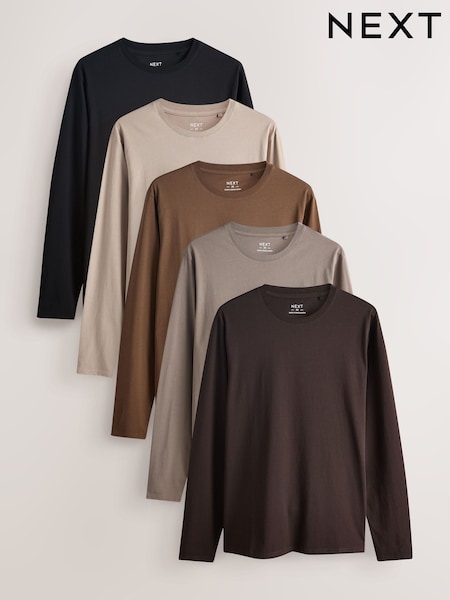 لون محايد - Slim Fit Long Sleeve Layering T-shirts 5 Pack