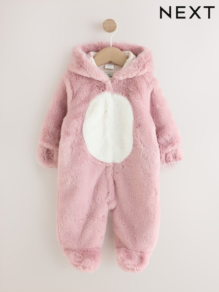 Rožinis siuvinėtas zuikutis - Faux Fur Hooded Baby All-in-one (0mths-2yrs)