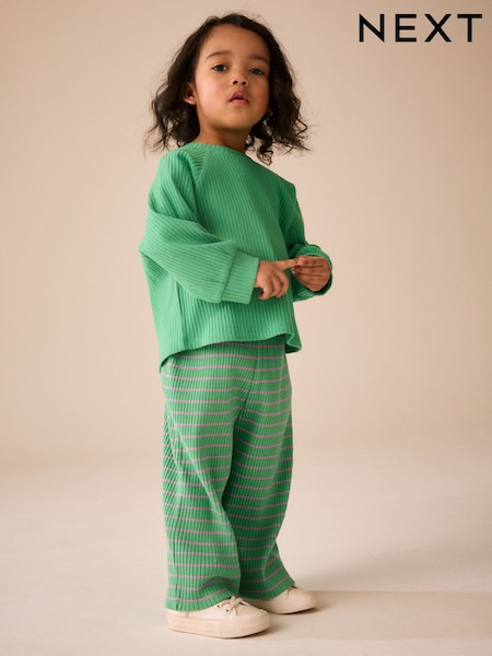 Green/Pink Stripe - Ribbed Wide Leg Trousers (3mths-7yrs)