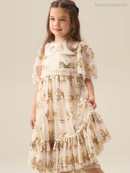 Angel & Rocket Natural Delta Champagne Sequin Bow Dress (G76928) | R$ 545 - R$ 620