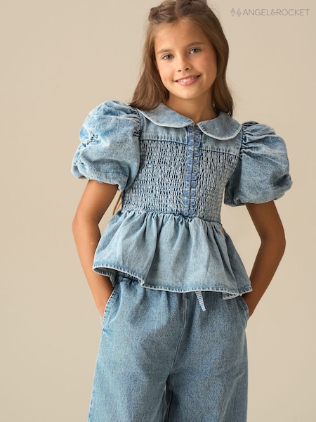 Angel & Rocket Blue Orla Blue Peter Pan Collar Shirred Denim Blouse (G76980) | AED167 - AED208