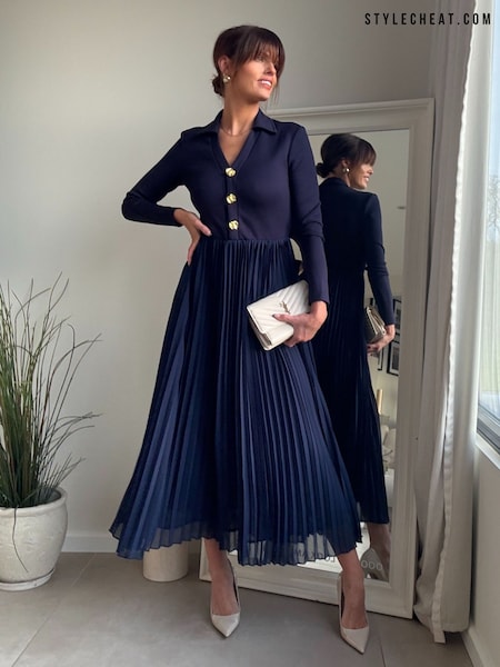 Style Cheat Blue Jersey 2-In-One Mix Button Dress (G77008) | $154