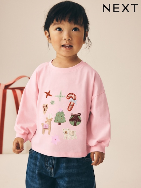 Light Pink Chistmas Applique - Langärmeliges Oberteil (3M.–7J.)