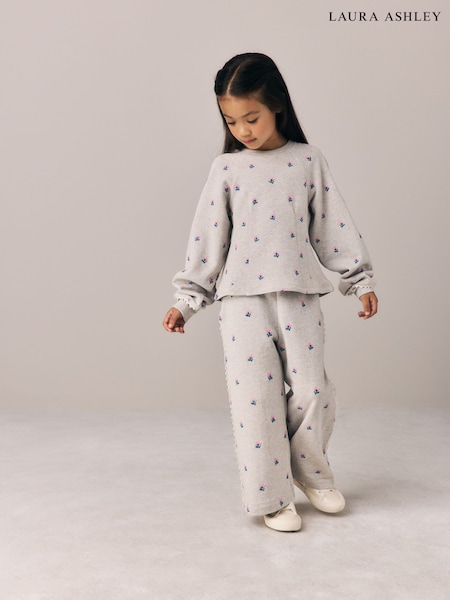 Grey - Laura Ashley Floral Embroided Sweater And Wide Leg Joggers Set