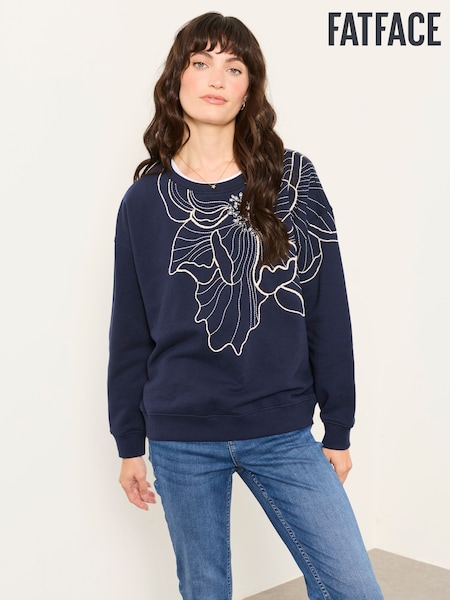 Navy - Fatface Flower Embroidery Crew Sweat Top