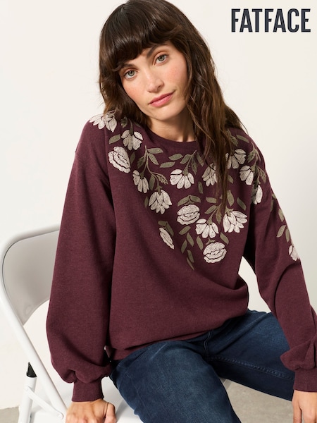 Dark Purple - Fatface Flower Embroidered Crew Sweat