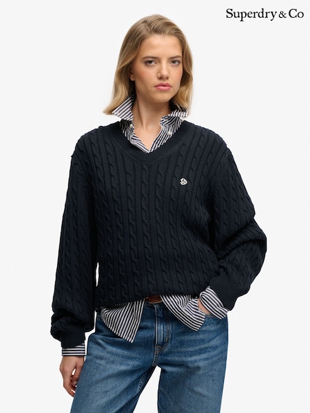 Superdry Blue Oversized V-Neck Cable Jumper (G78600) | 234 QAR