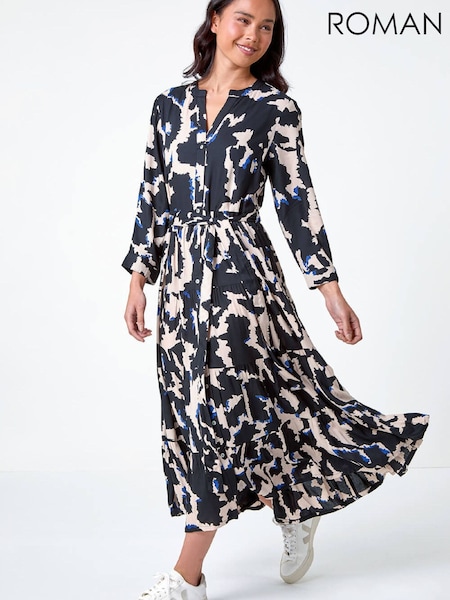 Roman Black Petite Abstract Print Button Midi Dress (G78905) | R$ 665